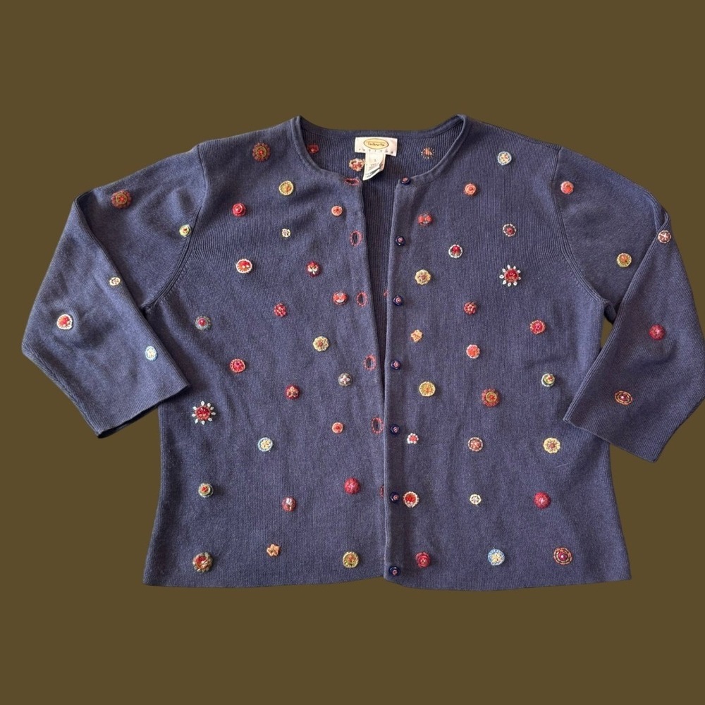 Talbots Embroidered Rosette Cardigan Sweater L Blue Floral Button Front